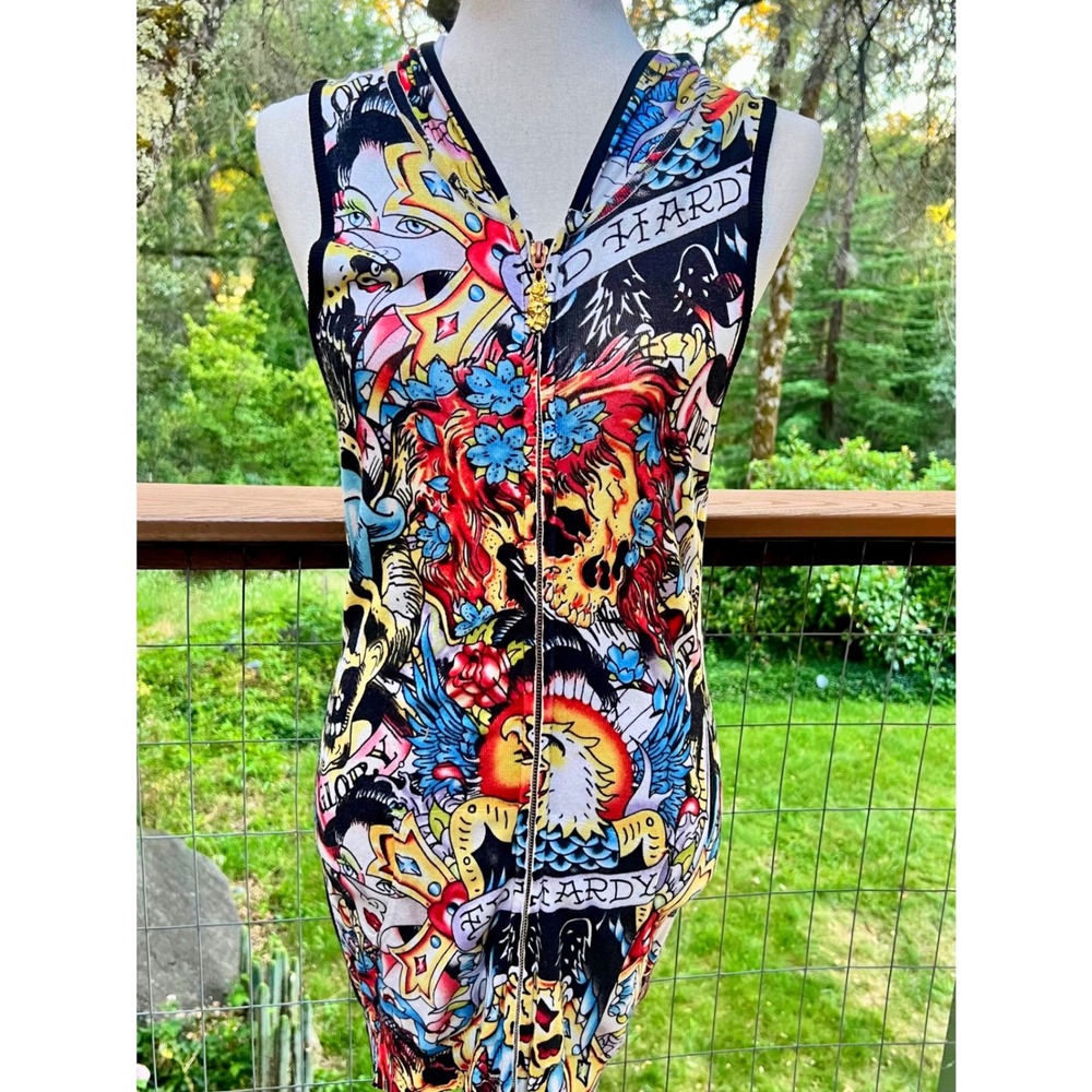 Rare Vintage Ed Hardy Christian Audigier Tattoo Print Zip Up Hoodie Dress Large